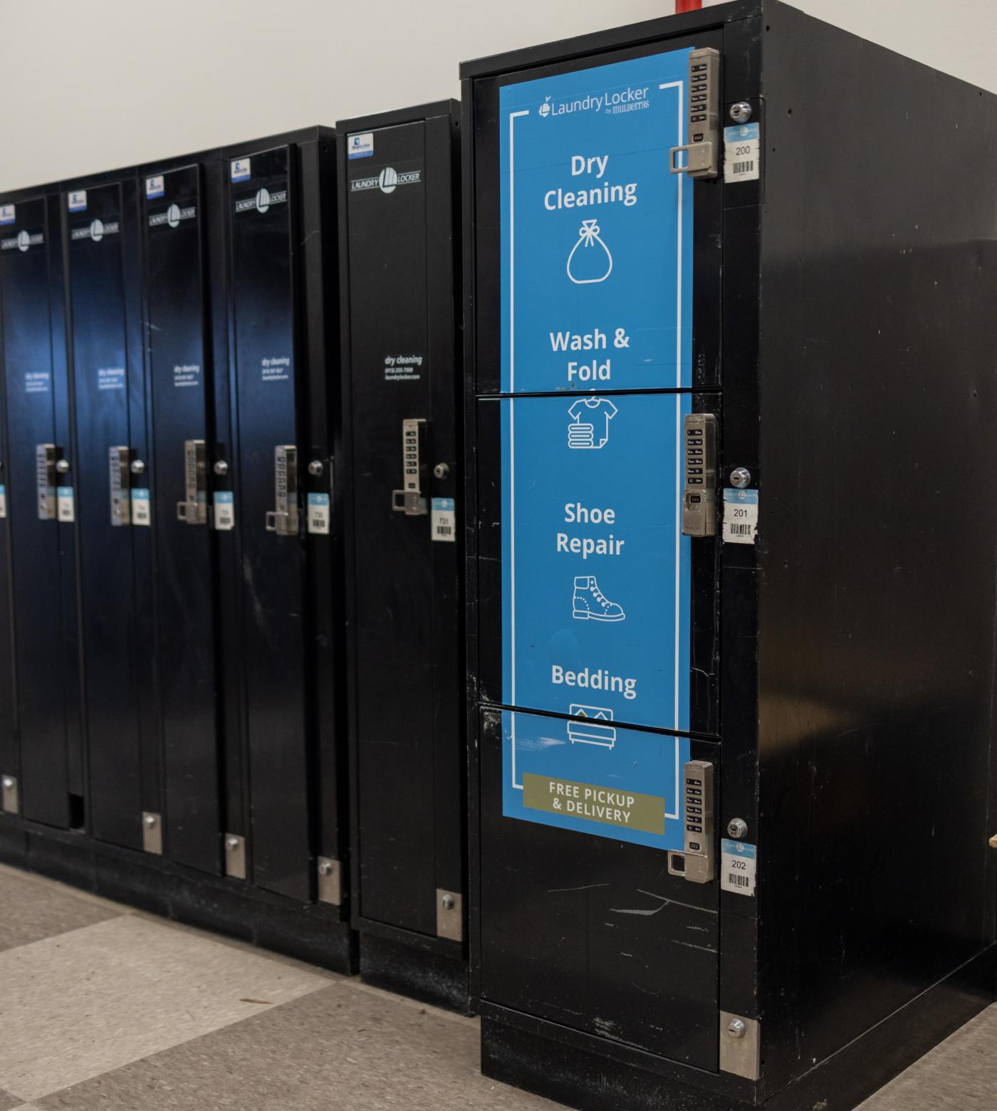 Laundry lockers in the garage of 50 California St.