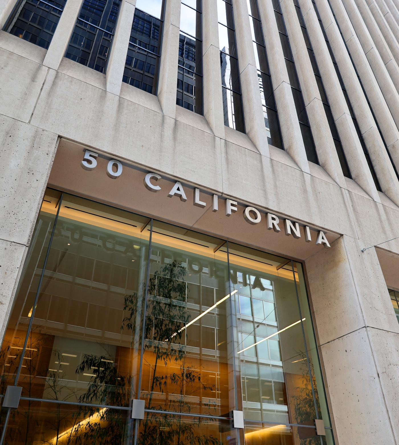 View of 50 California building signage from the street.