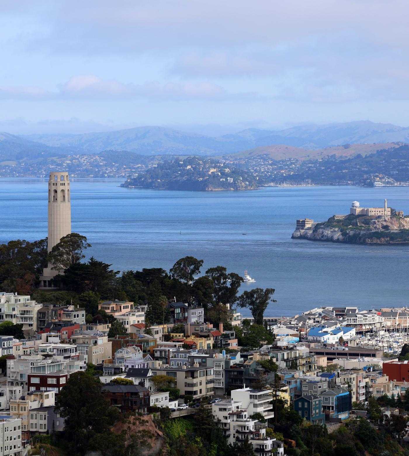 View of Coit Tower and Alcatraz from 50 California St.