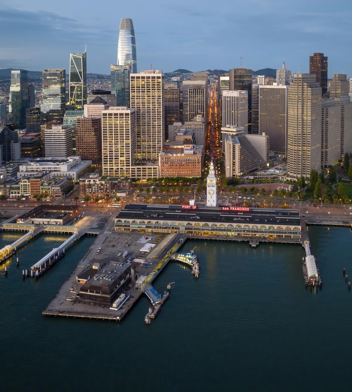 View of SF Ferry Building with the city in the background.