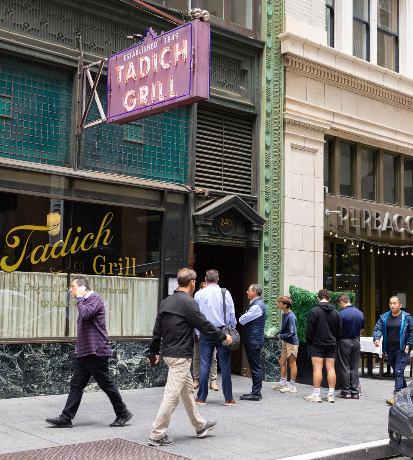 A street view of Tadich Grill in downtown San Francisco.