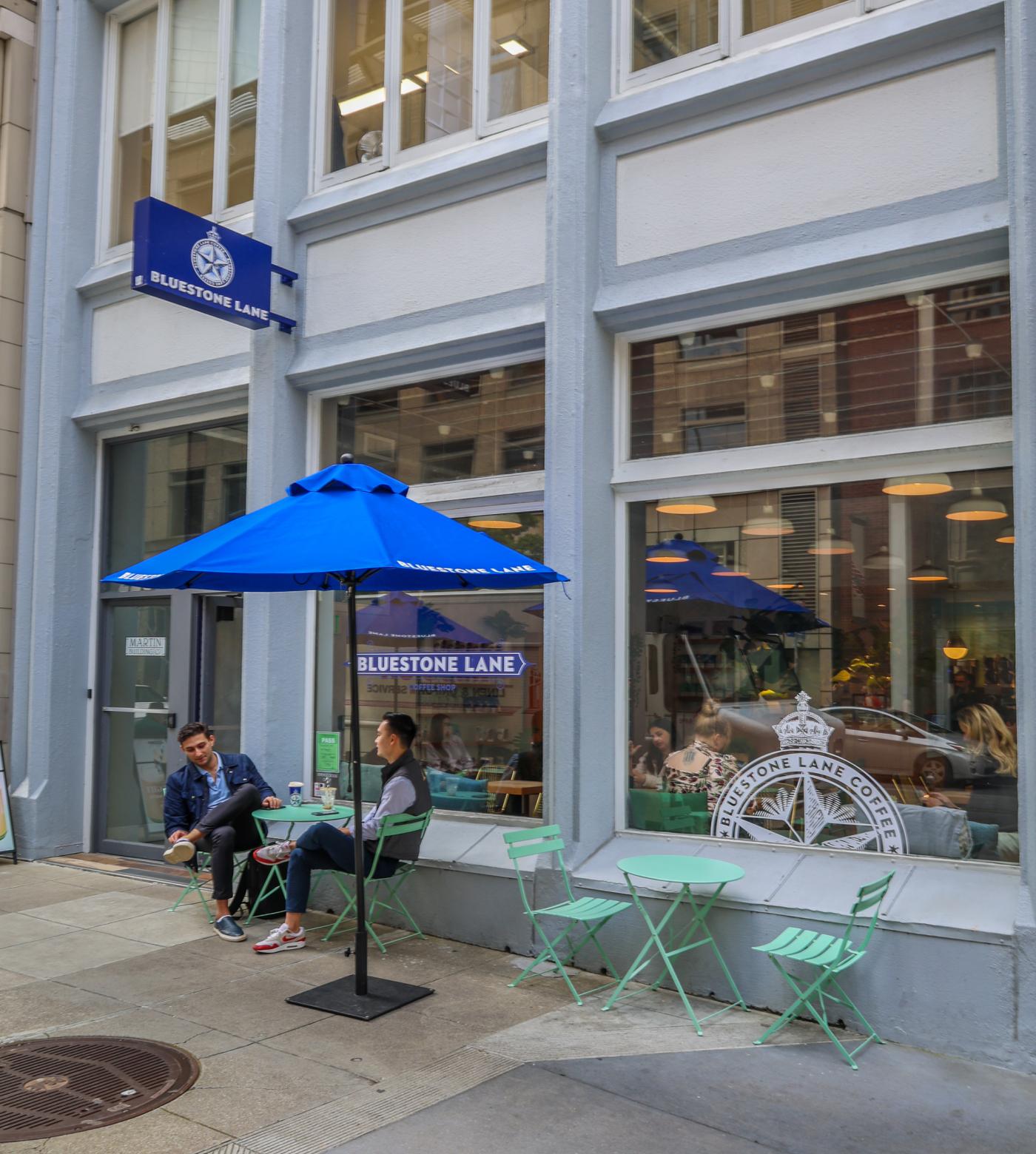 A street view of Bluestone Lane in downtown San Francisco.